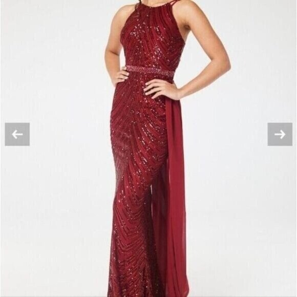 Burgundy,  O Neck, Sleeveless,  Detachable Skirt,  Sequined Mermaid Gown - Picture 5 of 16